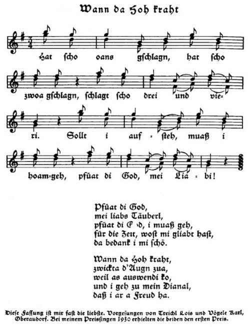 Das Lied „Wenn da Hoh kraht“, entnommen aus der „Sammlung Oberbayrischer Volkslieder“ von Kiem Pauli 1934.