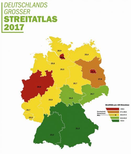 Deutschland streitet immer mehr: Seit 2012 ist die Streitintensität in der Bundesrepublik von 20,9 auf 25,1 Streitfälle je
100 Einwohner gestiegen, wie der große Streitatlas von Advocard zeigt. Foto Advocard Rechtsschutzversicherung//obs