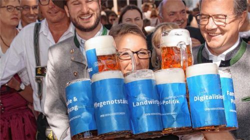Kräftig verhoben haben sich einige im Wahlkampf: Masskrugstemmen der OVB-Heimatzeitungen mit den Kandidaten auf der Wiesn. Foto  schlecker