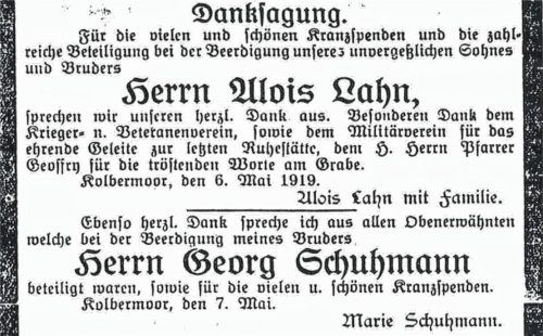 Danksagung der Angehörigen von Alois Lahn und Georg Schuhmann im Aiblinger Wochenblatt. Die beiden wurden an der Tonwerksunterführung von Weißgardisten erschossen.Fotos stadt Kolbermoor