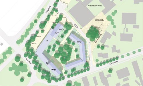 Der Lageplan zeigt auf, wie auf dem Gelände des ehemaligen „Weißen Hirsch“ und benachbarter Flächen der Stadtbau GmbH in Waldkraiburg-Süd eine Wohnnutzung in höherer Wohnqualität mit einem ruhigen Innenhof umgesetzt werden könnte. Stadt