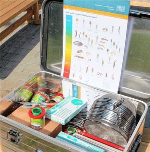 Kinder und Jugendliche können mit der neuen Wasserschule den Inn erforschen. In dem Koffer ist vom Sieb bis zum Stethoskop alles, was sie dafür brauchen.Foto mse