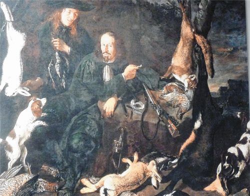 Nach genossener Jagd: vermutlich der Salzburger Erzbischof Max Gandolf Graf v. Kuenburg in Jagdkleidung, von Diener betreut, Ölgemälde 17. Jahrhundert.Fotos gär