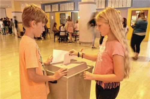 Schüler der Franz-Liszt-Schule an der Wahlurne. An der Mittelschule liefen die Schülersprecher-Wahlen dieses Jahr wie richtige Wahlen ab. Foto re