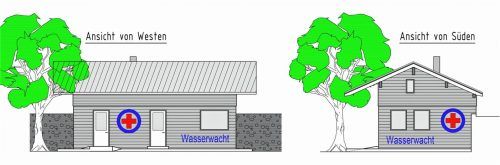 So sehen die Pläne fürs Gebäude aus. Die Wasserwacht hofft, dass das neue Domizil bereits zur Badesaison 2019 steht. Fotos re