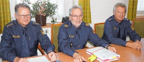Über die aktuelle Sicherheitslage in Waldkraiburg und Maßnahmen der Polizei, um die Präsenz zu stärken und die Ausstattung der Beamten zu verbessern, informierte gestern Polizeipräsident Robert Kopp (Mitte), hier mit Leitendem Polizeidirektor Richard Gröger (links) und Georg Deibl, Leiter der Polizeiinspektion Waldkraiburg.Fotos  hg/Polizei