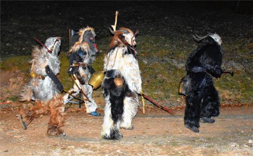 Die Teilnehmer der Fackelwanderung mussten sich zunächst in Geduld üben, dann aber fanden sie, was sie suchten: Sie entdeckten die Krampusse, die herumliefen. Foto  Wunderlich
