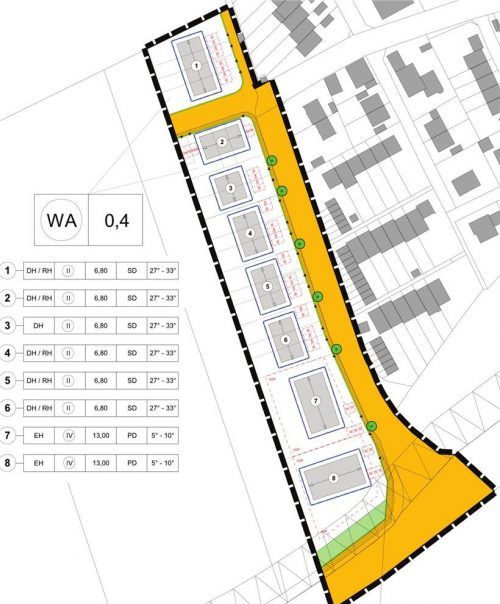 Der Plan zeigt die Lage der acht Gebäude westlich des Finkenwegs (gelb), im Süden zur Staatsstraße die beiden Mehrfamilienhäuser (7 und 8), in Richtung Norden Reihen- und Doppelhäuser. Auch für eine mögliche Erschließung weiterer Flächen im Westen sind Voraussetzungen geschaffen. Stadt/U-Plan