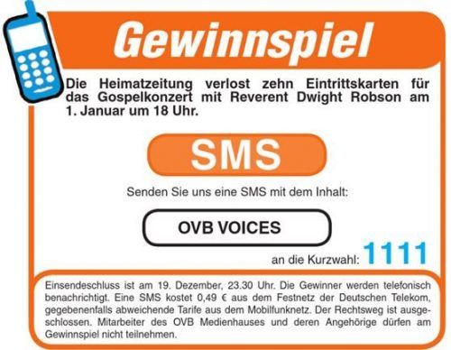 Einfach eine SMS mit dem Inhalt OVB Voices an 1111 senden.