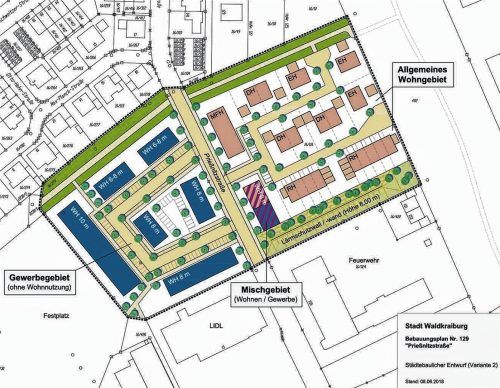 Diese Variante des städtebaulichen Entwurfs für die Entwicklung westlich und östlich der Prießnitzstraße hat der Stadtentwicklungsausschuss einstimmig befürwortet. Der wesentliche Unterschied: Statt eines weiteren Bürohauses soll ein acht Meter hoher Lärmschutzwall das geplante Wohngebiet östlich der Straße vom Feuerwehrgelände abschirmen. Dadurch werden die Wohnhäuser auch lockerer angeordnet. U-Plan