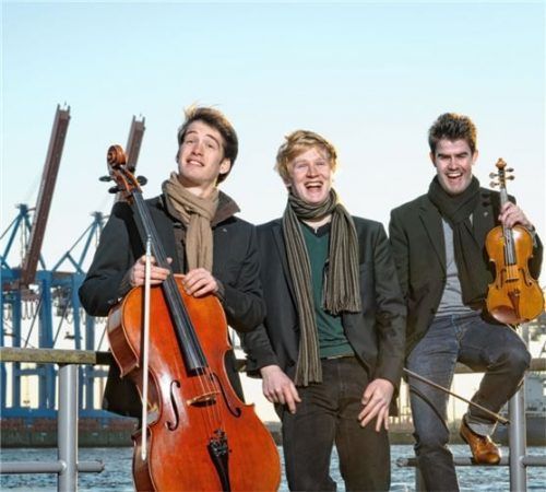 In Hamburg zu Hause: Das Trio Adorno mit Christoph Callies, Violine, Samuel Selle, Violoncello, Lion Hinnrichs, Klavier. Foto Stefan Groenfeld