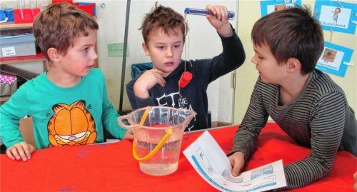Kleine Forscher in Aktion: Unter anderem entdeckten die Söchtenauer Grundschüler, dass Spülmittel die Oberflächenspannung von Wasser zerstört.Fotos niessen