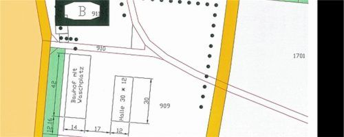 Der aktuelle Plan zum neuen Bauhof in Vogtareuth. Bereits im Herbst könnte mit dem Bau begonnen werden. Das „B“ steht für den Wertstoffhof, die gelbe Linie für eine geplante Durchgangsstraße durch das Gewerbegebiet.re