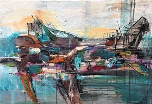 Heidi Frank aus Prien präsentiert ihre expressionistischen Bilder in Höslwang. Foto stelz