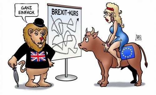 Nicht nur Europa und ihr Stier sind verwirrt ob des Brexit-Kurses des britischen Löwen. Karikatur: Harm Bengen