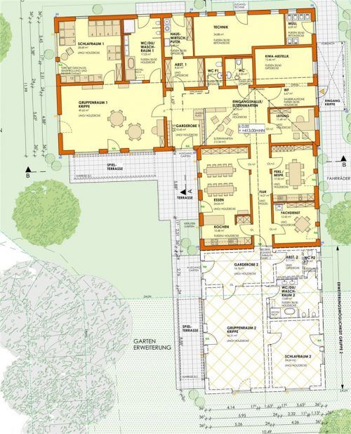 So sieht die Planung aus, die dem Gemeinderat am Donnerstag vorgestellt worden ist. Die gelben Flächen stellen den Entwurf für den Neubau der Kinderkrippe mit zwölf Plätzen dar. Die schraffierte Fläche unten kennzeichnet eine mögliche Erweiterung.