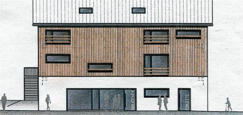 So soll das neue Gebäude für die Mittagsbetreuung und die Gemeindebücherei aussehen.