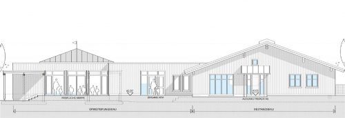 So soll der Kindergarten nach der Erweiterung aussehen: In der Mitte der neue gemeinsame Eingangsbereich, links das Erdgeschoss des Anbaus für die Kinderkrippe mit dem teilweise überdachten Außenspielbereich und darüber der Zeltdach-Aufbau des Gruppenraumes.Foto fkr/Architekturbüro