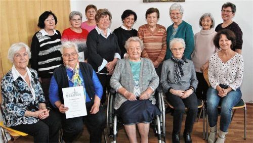 Zahlreiche Geehrte um Vorsitzende Christa Anzenberger (rechts hinten) freuen sich: (vorne von links) Irene Grothe, Maria Schmid, Franziska Salzeder, Hilde Gottwald, Anni Salzeder und (hinten von links) Christa Wimmer, Maria Oberbacher, Renate Wimmer, Brigitte Anzenberger, Anni Niedermaier, Cilli Bögl, Irmgard Unterstrasser, Roswitha Schmischke.Foto hpf