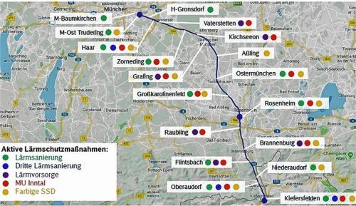 Die Karte zeigt die verschiedenen Lärmschutzmaßnahmen von München-Trudering bis Kiefersfelden.bahn