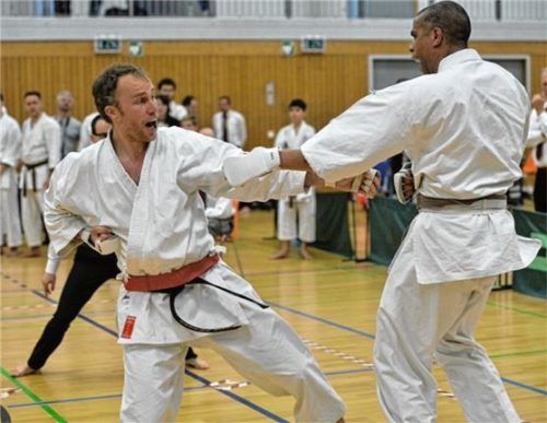 Florian Baumeister (links) holte sich viermal in Serie den bayerischen Meistertitel in der Königsklasse Kumite.Foto Jung