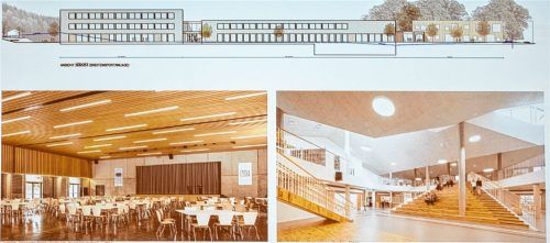 Seitenansichten der neuen Schullandschaft mit Beispielen, wie großzügig Innenräume wie zum Beispiel Mensa oder Aula gestaltet werden könnten: Mehrfachnutzungen auch für Veranstaltungen sind problemlos möglich, alle Räume auf moderne pädagogische Konzepte zugeschnitten.thomae