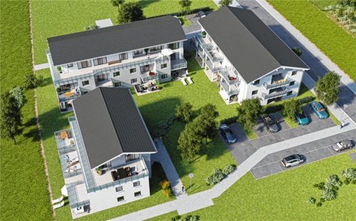 Tulpenweg: Diese Grafik wird bei der Vermarktung der Wohnungen in Schloßberg eingesetzt. Im Internet ist derzeit eine 61-Quadratmeter-Wohnung im Erdgeschoss für 350000 Euro zu finden. Die Gemeinde Stephanskirchen hat sich im rechten und im hinteren Block insgesamt neun Wohnungen reserviert.re
