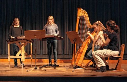 Bei der „Hornpipe“ spielten (von links) Leonie Krammer, Leonie Lutsch, Elisabeth Lasetzky mit Lehrerin Veronika Vorbuchner Hackbrett und Harfe.Fotos  brenner