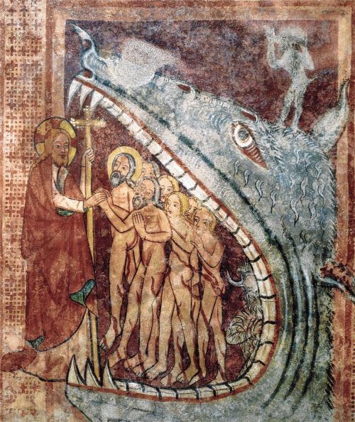 Der Höllenabstieg Christi, Befreiung der Gerechten aus der Vorhölle, Fresko aus dem 14. Jahrhundert in der Urschallinger Kirche.Foto berger