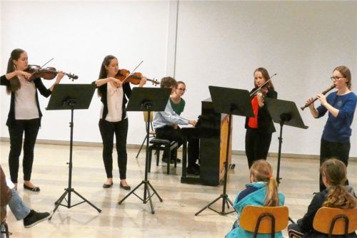 Das Allegro assai von Johann Christian Bach spielten (von links) Gabriele Ruppert (Viola), Johanna Rupert (Violine), Jascha Nakladal (Klavier), Anika Moser (Umblätter), Andrea Reischer (Violine) und Helene Sattler (Blockflöte). Greiner