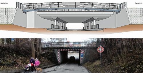 Das Nadelöhr Tonwerkunterführung (unten) soll ab Spätsommer 2021 so wie auf der oberen Abbildung aussehen. Doch während der Bauzeit werden die Kolbermoorer mit der Vollsperrung auf eine harte Probe gestellt. Fotos  ROPlan