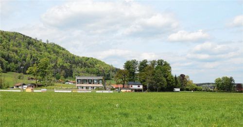 Die 40 Jahre alte Aschauer Sporthalle von Süden. Die neue Sporthalle ist mehr als doppelt so lang, deutlich sichtbar sind die künftigen Grenzen am erhaltenen Baumbestand links und rechts an der bestehenden Halle. Der bisherige Baumbestand – rund zwei Dutzend über 100-jährige Buchen und Eichen – vor allem an der Westseite (links) wurden am 28. Februar gefällt. Foto REhberg
