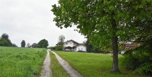 Kampenwand links, Hochries geradeaus und Baugebiet Steigackerl rechts. Dort sind 5,15 Meter Höhe erlaubt, auf einer der letzten Parzellen, direkt hinter dem Baum, sollten es 6,15 Meter werden. Abgelehnt. Foto Schlecker