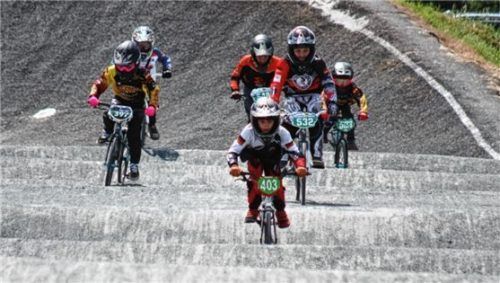 Christoph Schneider (403) vom Maloja BMX Team aus Kolbermoor eilte seiner Konkurrenz davon und gewann den süddeutschen Meistertitel in der Gruppe „Beginners Boys 7/8“. Foto Lang