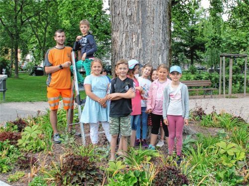Das Kolbermoorer Junggmias hat mithilfe von Sebastian Demmel (links) vom Bauhof die Bäume mit Namensschildern gekennzeichnet. Fotos Weinzierl