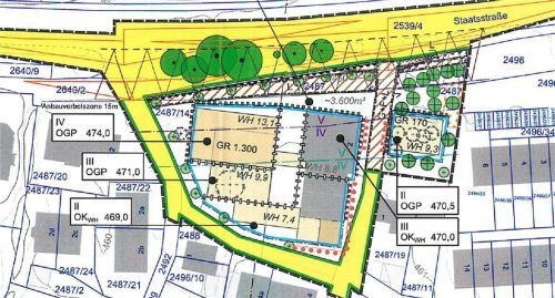 Der Plan zum Gasthof „Zur Post“ in Mitterhart: Auf dem Parkplatz (links) soll ein Gebäude, quasi ein Drei-in-Eins-Konzept, entstehen. Parkplätze sind nicht eingezeichnet, was der Bauausschuss kritisierte. Unter anderem deshalb soll der Entwurfsplan überarbeitet werden. Rechts oben ist der Biergarten eingezeichnet, auf dem Plan noch mit Bebauung.