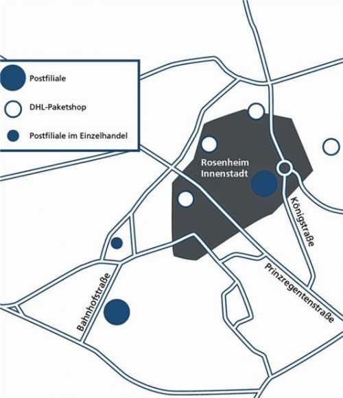 Ein Überblick über die Postfilialen und DHL-Paketshops in der Innenstadt: Es gibt insgesamt zwei Postfilialen am Ludwigsplatz und in der Bahnhofstraße. Die DHL-Paketshops sind Am Esbaum 5, in der Heilig-Geist-Straße 24, Samerstraße 2 und Färberstraße 8.