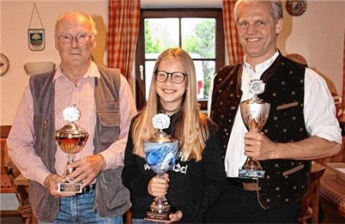 Hans Mayer, Antonia Seiffert und Thomas Stadler (von links) gewannen Pokale der Pullacher Schützen.Foto re