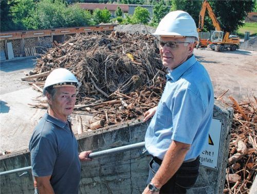 Seit Tagen beobachten Josef Weyerer (links) und Klaus Schöler vom Kraftwerksbetreiber Verbund AG, wie sich das Treibgut stapelt, das ihre Mitarbeiter am Innkraftwerk bei Rosenheim aus dem Fluss fischen.Fotos Kircher
