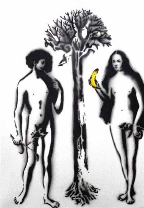 Banane statt Apfel: „Adam und Eva“, Metamorphose (2014) Spraylack auf Leinwand. Foto Giesen