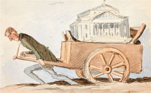 Frühe Karikatur: Franz Graf von Pocci zieht als Interimsintendant das Nationaltheater auf einem Karren aus dem Dreck. Foto Stadtmuseum München