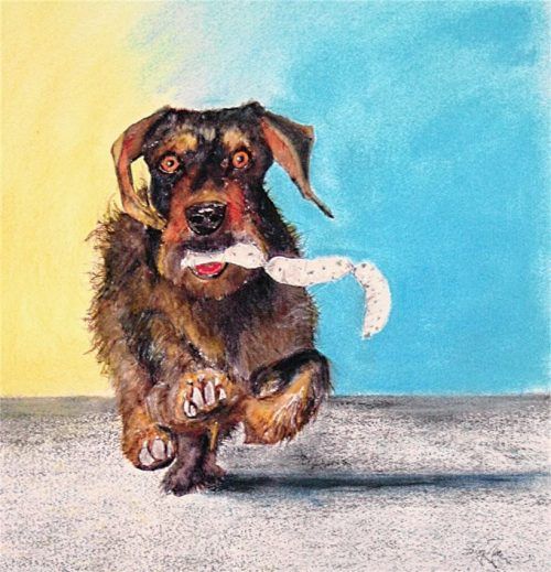 Gemalte Poesie heißt die Ausstellung von Fritz Baer im Hilferhof. Hier das Bild „Es gibt Dackel und Hunde“.