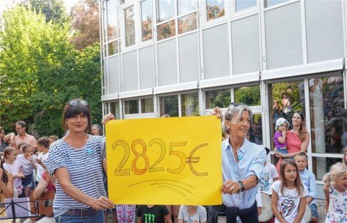 Iris Huber (links) und Elke Czarnecki vom Unicef-Team Rosenheim zeigen stolz die erlesene Summe: Die eine Hälfte des Geldes geht an Unicef, die andere Hälfte fließt in die Neugestaltung des Pausenhofs.Foto Kirchner