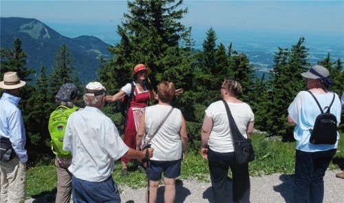 Katrin Thaurer, im Dirndl, ist den Bergen dahoam und weiß bestens Bescheid über Flora und Fauna. Einer Gruppe interessierter Gäste vermittelt sie einen beeindruckenden Einblick in die Berglandschaft.Foto Kirchner