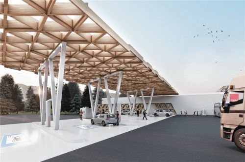 So soll die Wasserstofftankstelle aussehen, welche die Tiroler TIWAG zusammen mit Partnern wie der Spedition Detten- dorfer und ihrer Tochterfirma Inntaler Logistik Park am geplanten Wasserstoffzentrum bei Kufstein realisieren will. Fotos  TIWAG (2), re