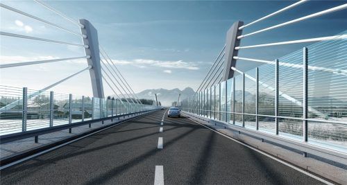 Ab der Fertigstellung Ende des Jahres 2022 sollen Autofahrer, die auf der Kolbermoorer Schrägseilbrücke der Westtangente unterwegs sind, diesen Blick Richtung Süden haben. Fotos Ingenieurbüro Grassl GmbH & SSF Ingenieure AG (Bauwerksentwurf)/Reinhart + Partner Architekten und Stadtplaner (Visualisierung)/Riediger