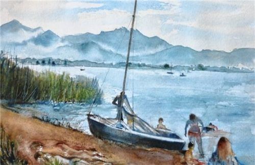 Das Aquarell „Badende am Chiemsee“ vermittelt mit der Situation am Wasser und dem Handeln der Personen deutlich Freizeitstimmung. Foto Graichen