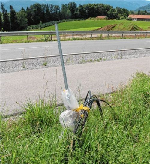 Das Telefonkabel an der Straße zwischen Aich und Hendenham schlängelt sich seit knapp drei Jahren ungeschützt neben dem Geh- und Radweg. Die Verbindungen des Kabels sind durch eine verschlissene Brotzeittüte geschützt. Fotos Rehberg