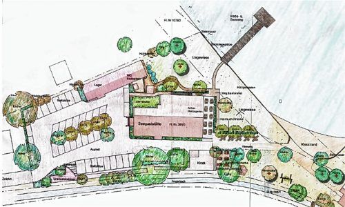 Der neue Plan für die Seegaststätte Ecking am Simssee. Eine neue Terrasse ist durch Hecke und Fußweg zum Steg von der Liegewiese optisch getrennt.Kirchner