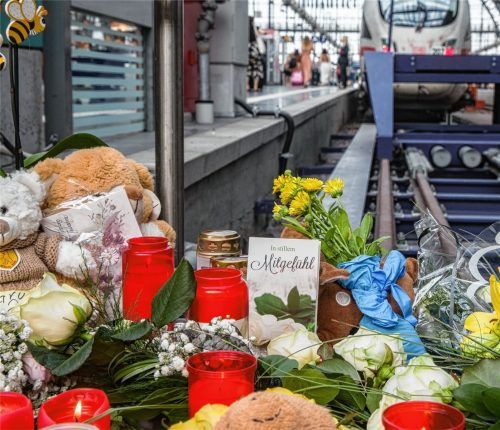 Eine Karte mit der Aufschrift „In stillem Mitgefühl“ steht am Bahnsteig 7 im Frankfurter Hauptbahnhof zwischen Kerzen, Plüschtieren und abgelegten Blumen. Ein achtjähriger Bub ist von einem Mann vor den einfahrenden ICE gestoßen und getötet worden. Foto dpa